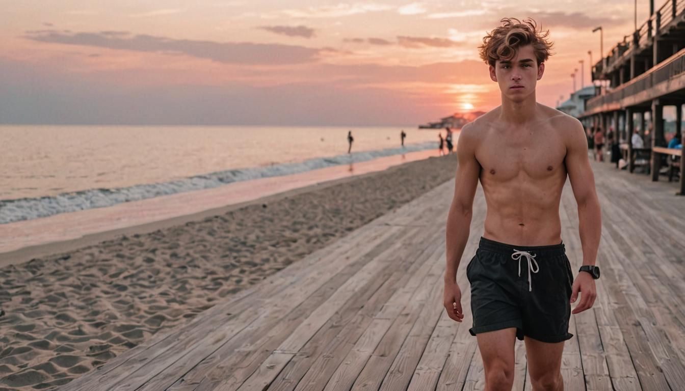 Athletic Teen Walks Beach Boardwalk at Sunset