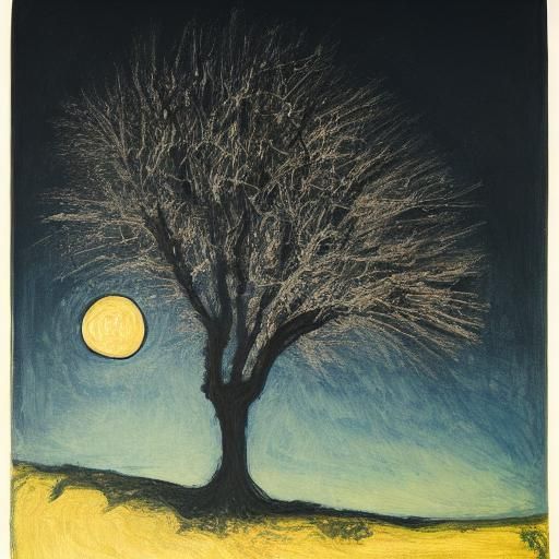 Expressionist Shepherd Under Moonlight in a Night Scene