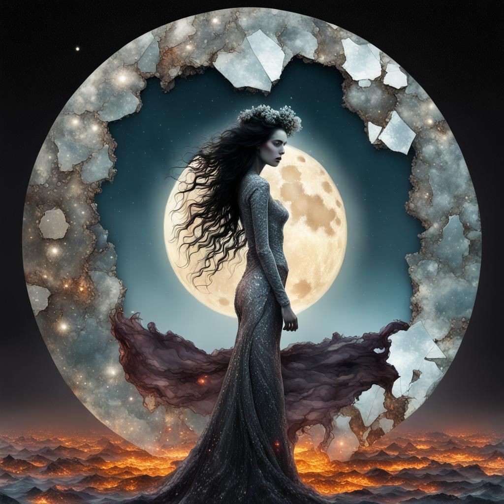 Full moon radiance silhuete Realistic Shattered images Galactica Queen Made out of a lava drops dancing in mirror reflec...