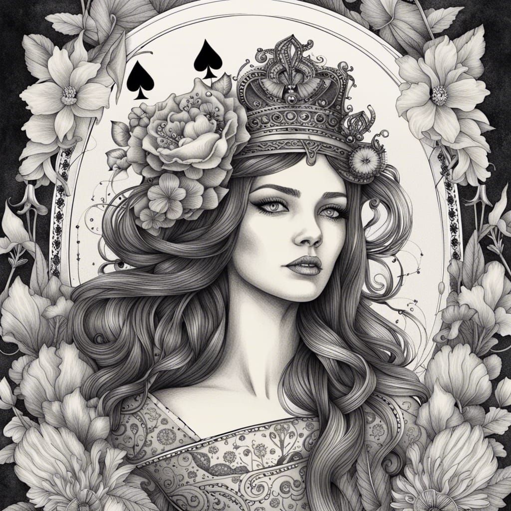 Intricate Black and White Queen of Spades Ink Drawing