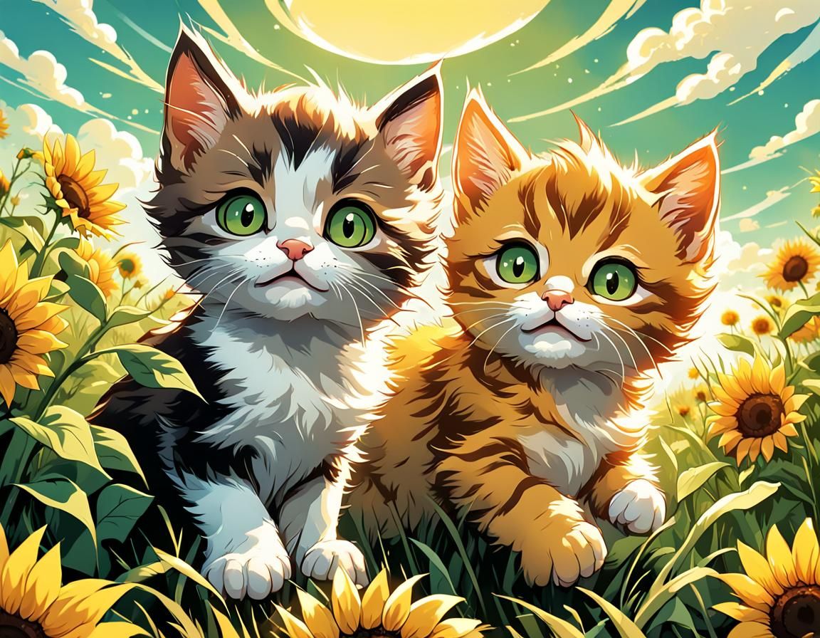 Chibi Kittens Playing in Grassy Comic Book Art