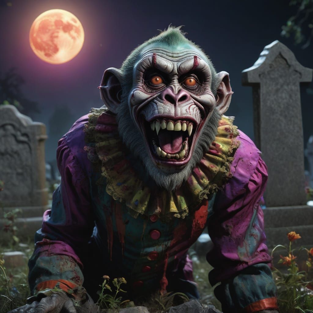 Hyperrealistic Zombie Monkey Clown Cemetery Groundskeeper
