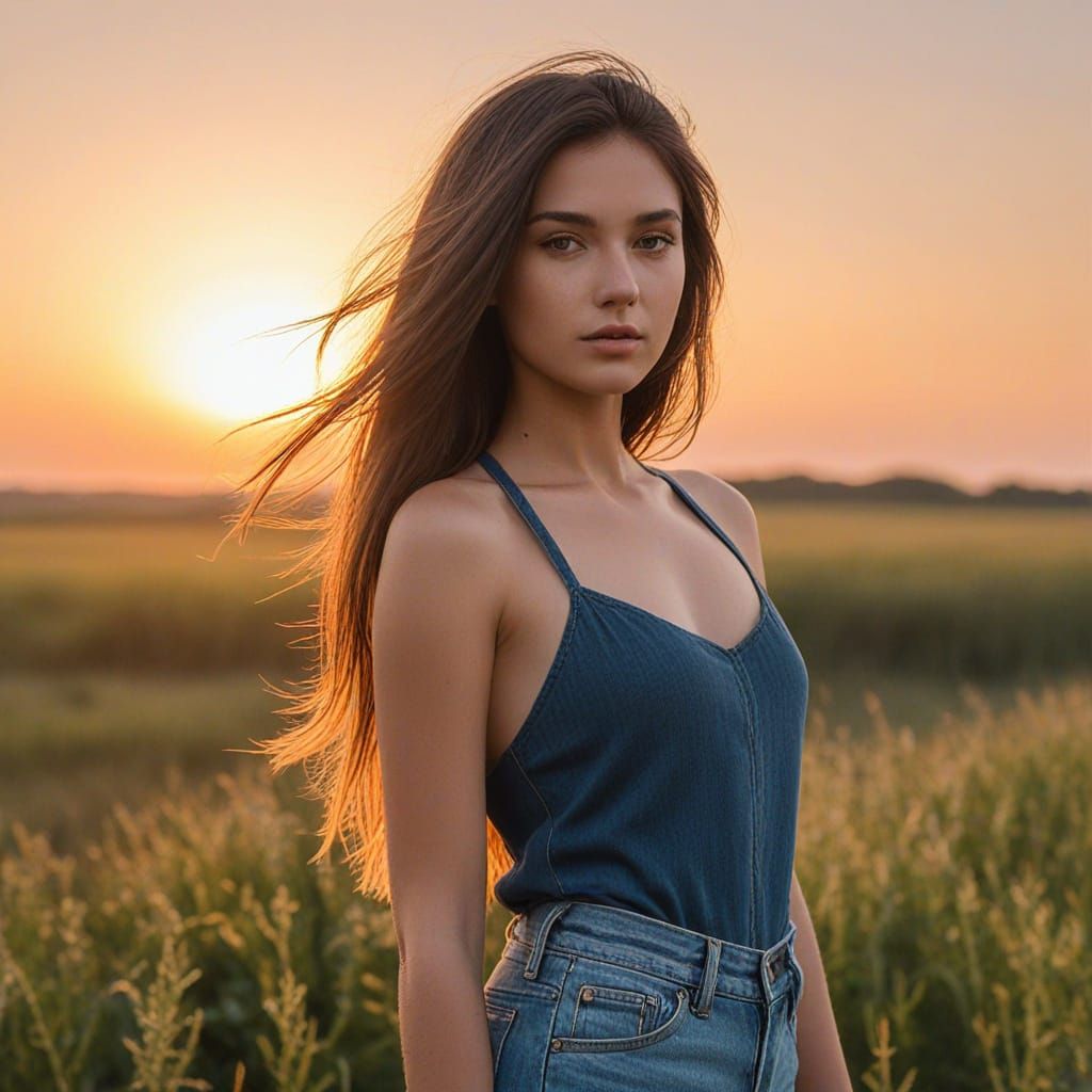 Woman in Field at Sunset: Cinematic Still