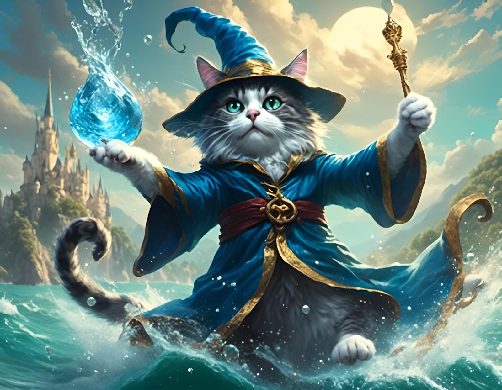 Wizard Cat Conjuring Water Magic