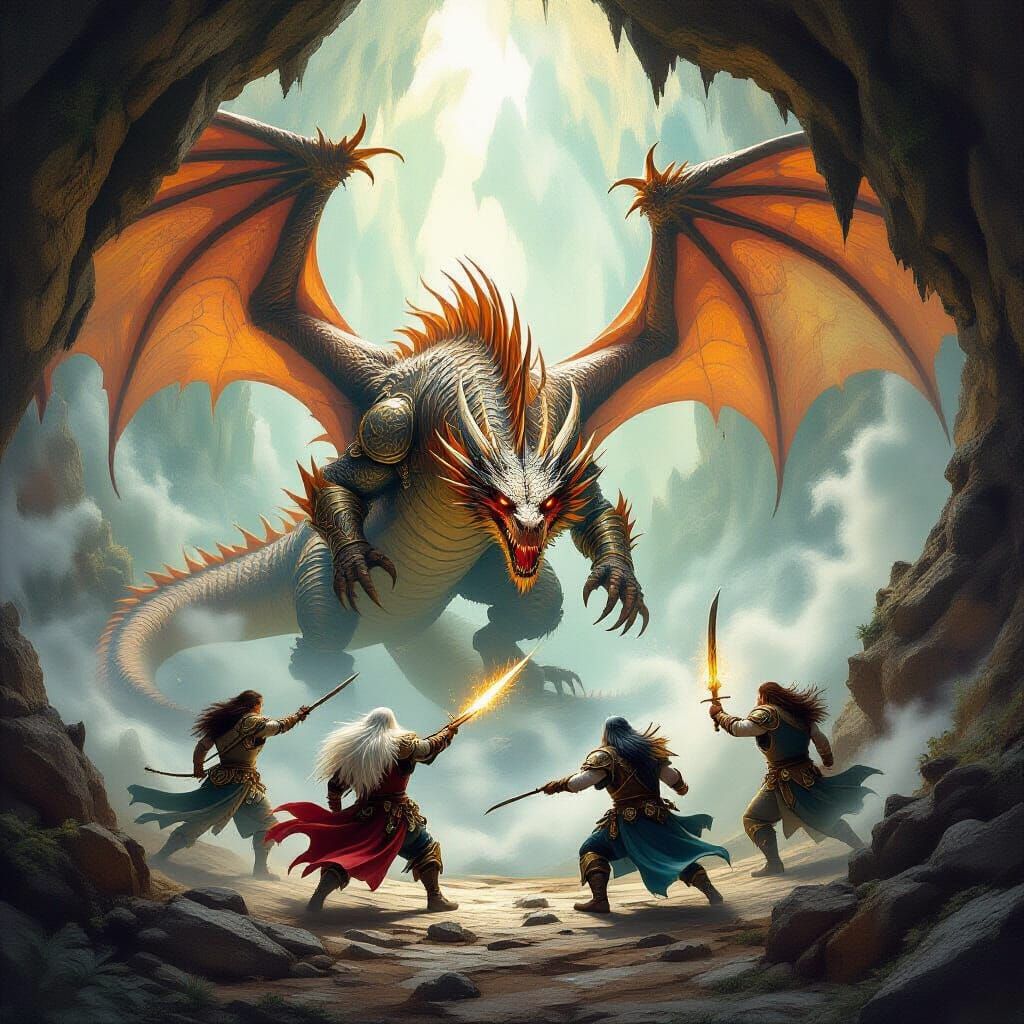 Adventurers Battle Dragon in Mystical Cave