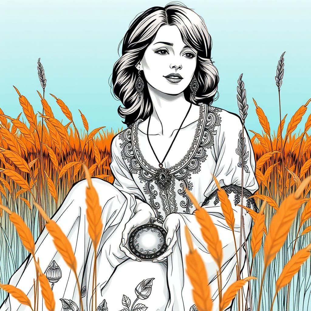 Elegant Woman in a Field of Swaying Grasses, Rendered in Bla...
