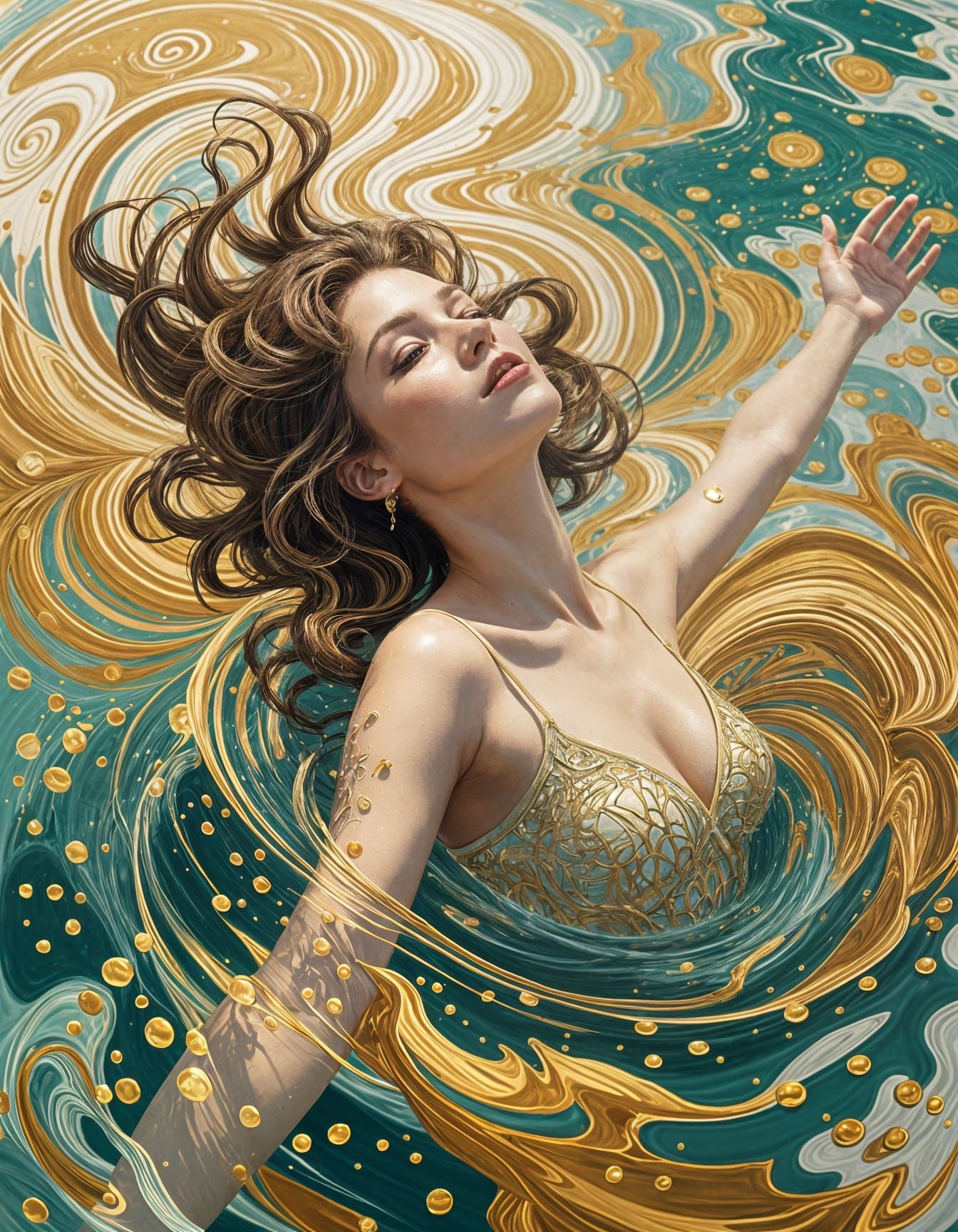 Woman Floating in Water with Gold Spirals