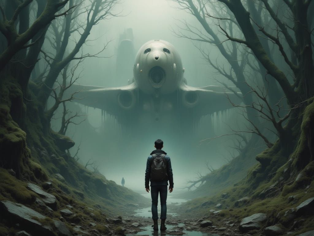 Lone Traveler at Forest Edge with Retro Sci-Fi Plane
