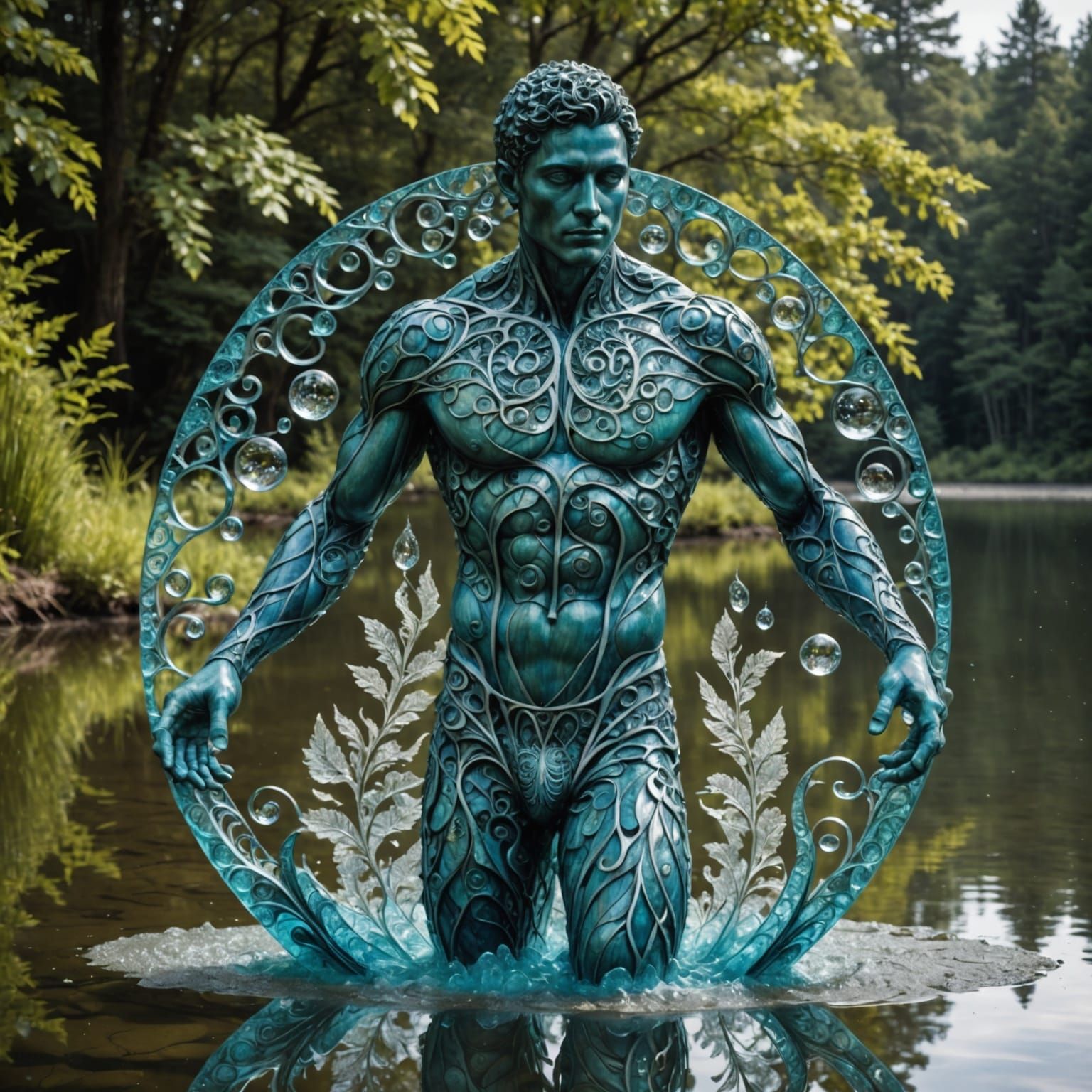Elegant Fractal Water Sculpture of a Chiseled Male Figure