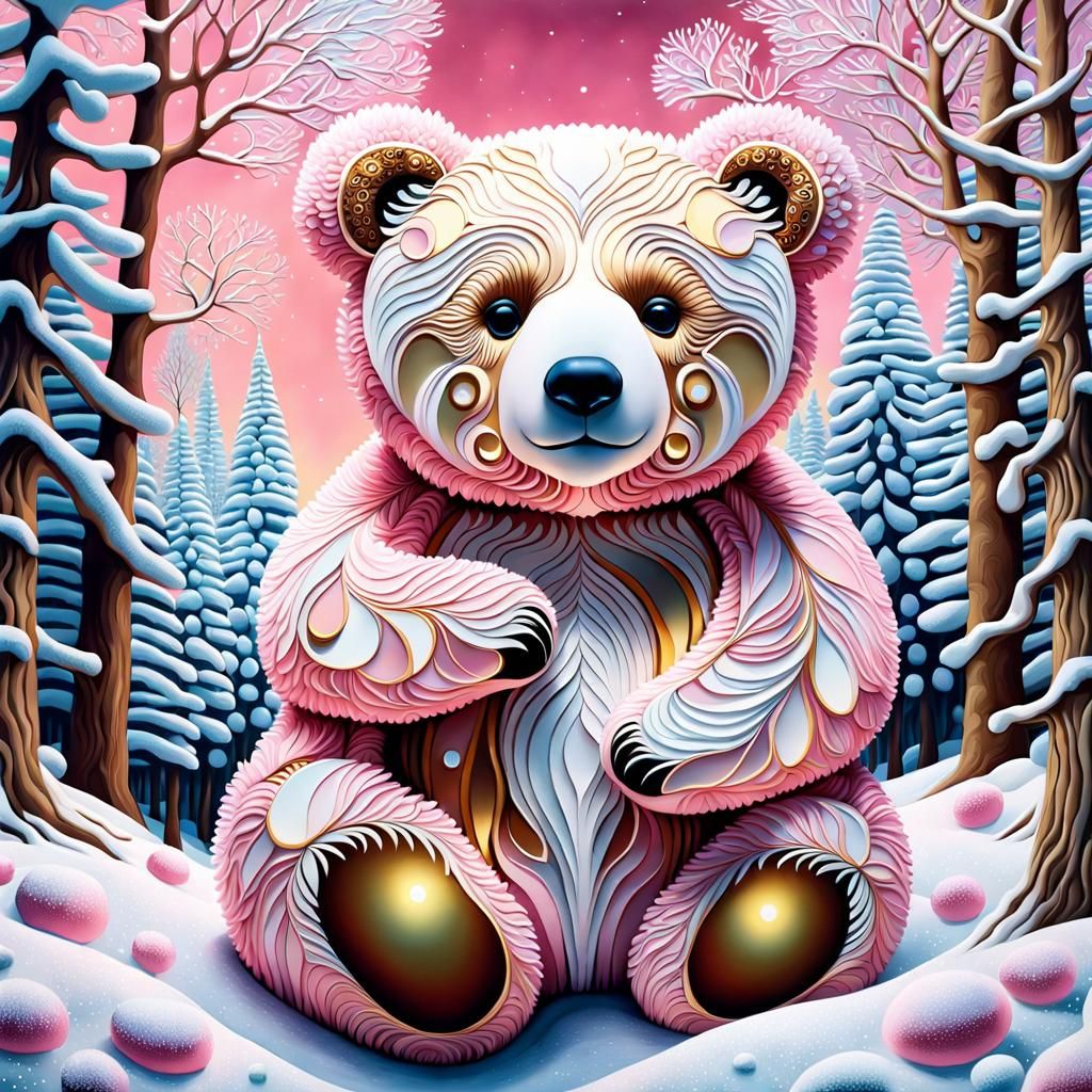 Hyperrealistic Teddy Bear in Winter Mosaic