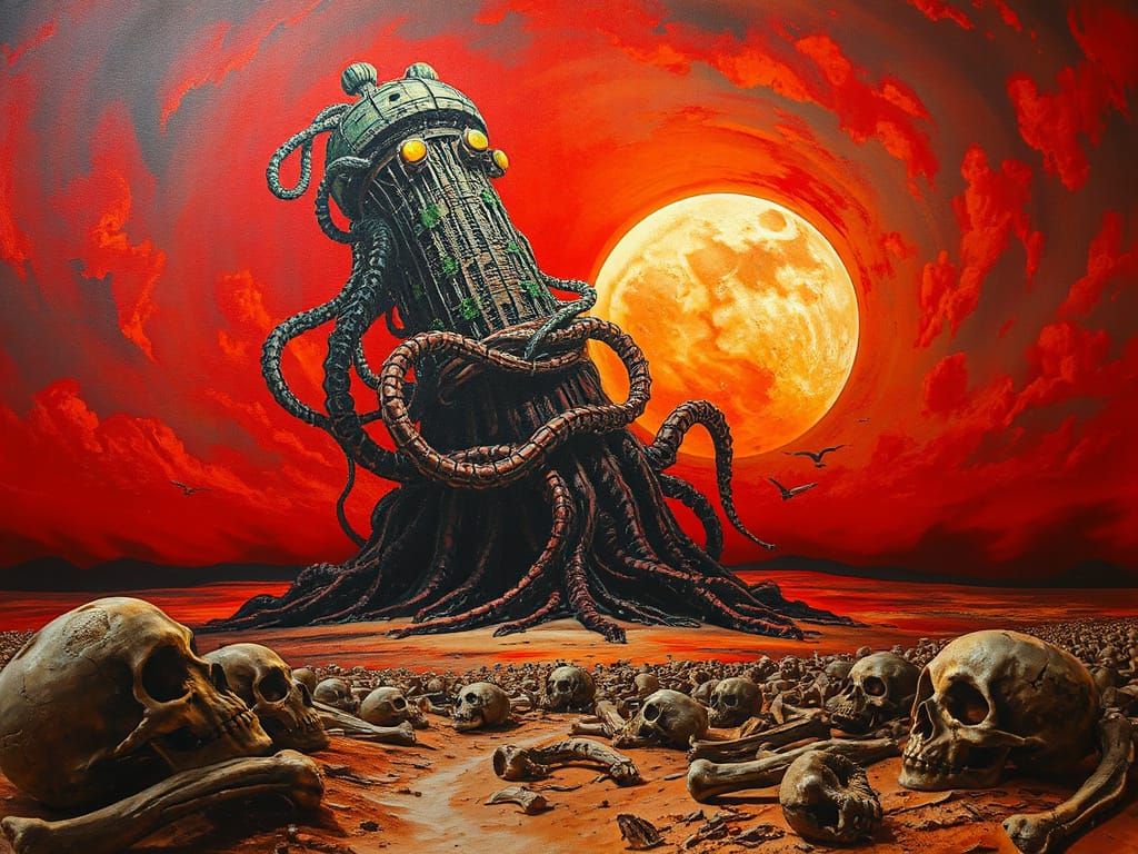 Biomechanical Tower in Surreal Sci-Fi Mixed Media Art