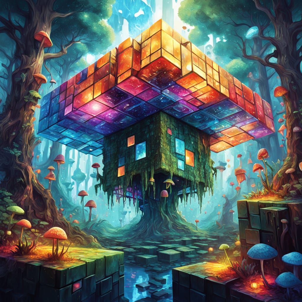 Vibrant Cubic Forest Creature in Psychedelic Digital Art