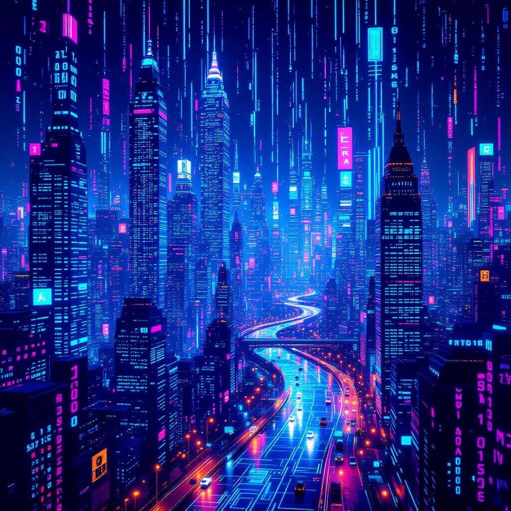 Holographic Code City With Neon Data Streams