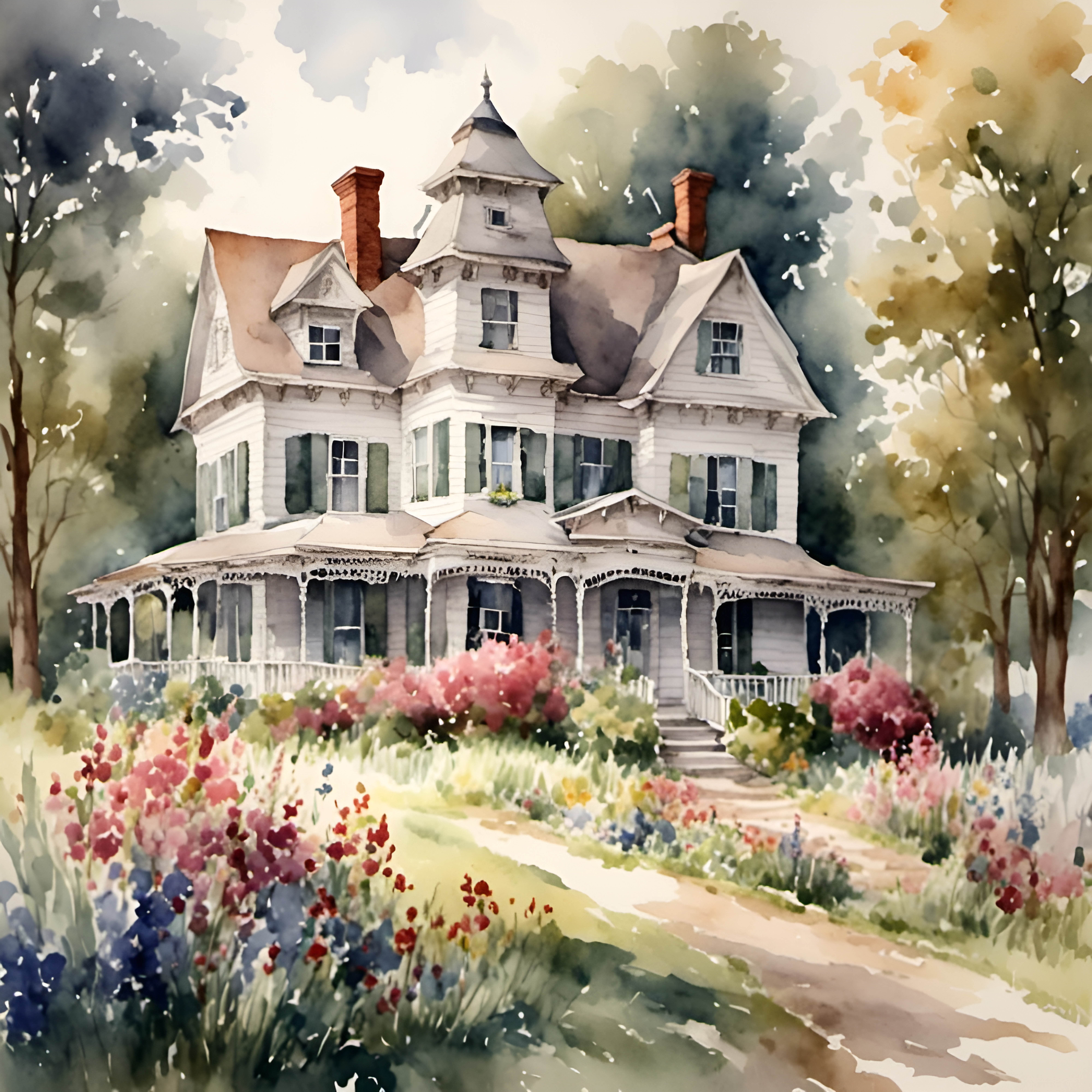 Victorian House in Antique Watercolor Style