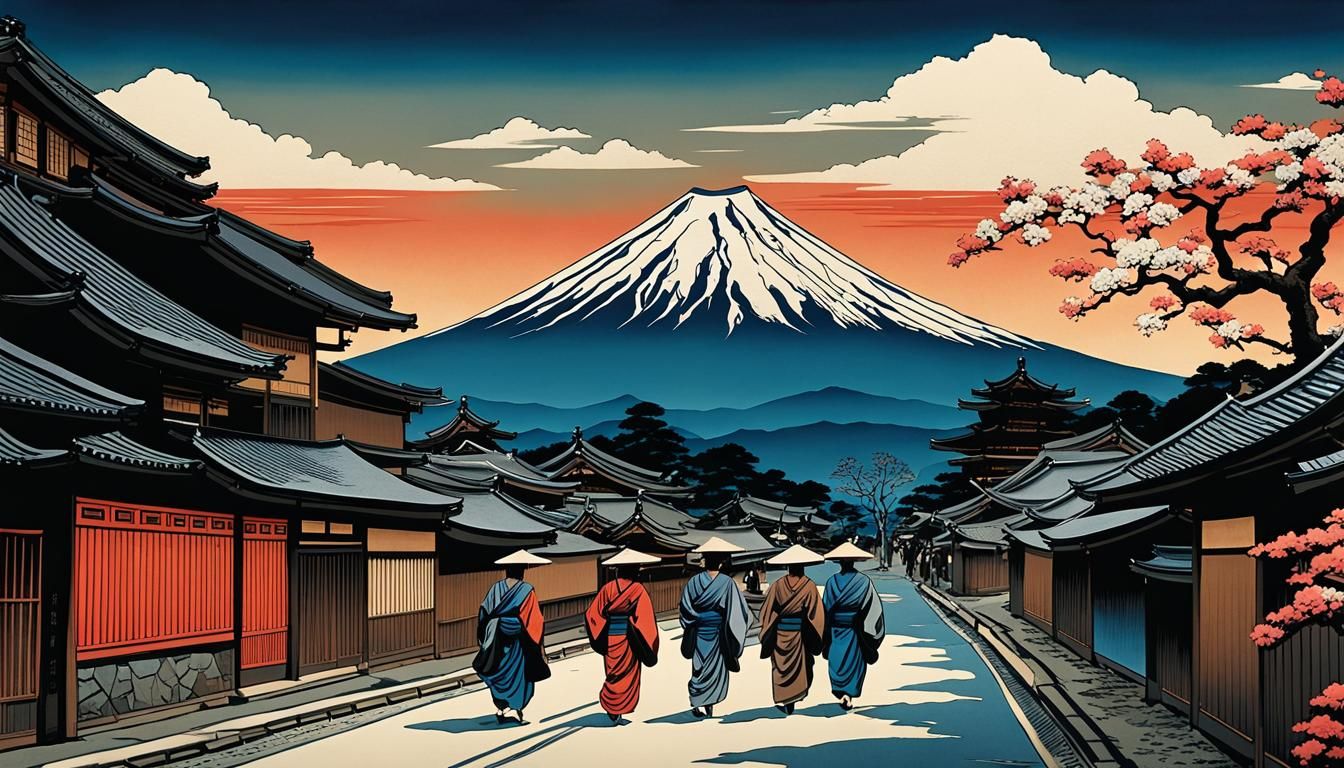 Mount Fuji in Ukiyo-e Japanese Street Scene