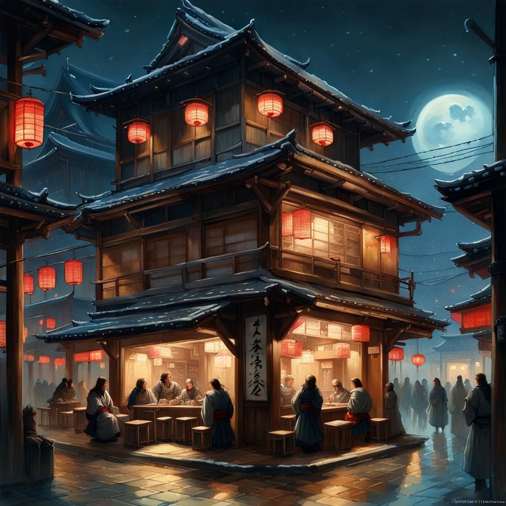 Enigmatic Medieval Japanese Samurai Cafe Painting