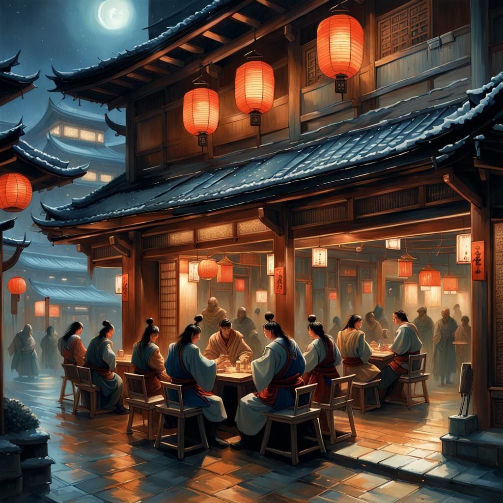 Medieval Japanese Samurai Cafe Painting at Night