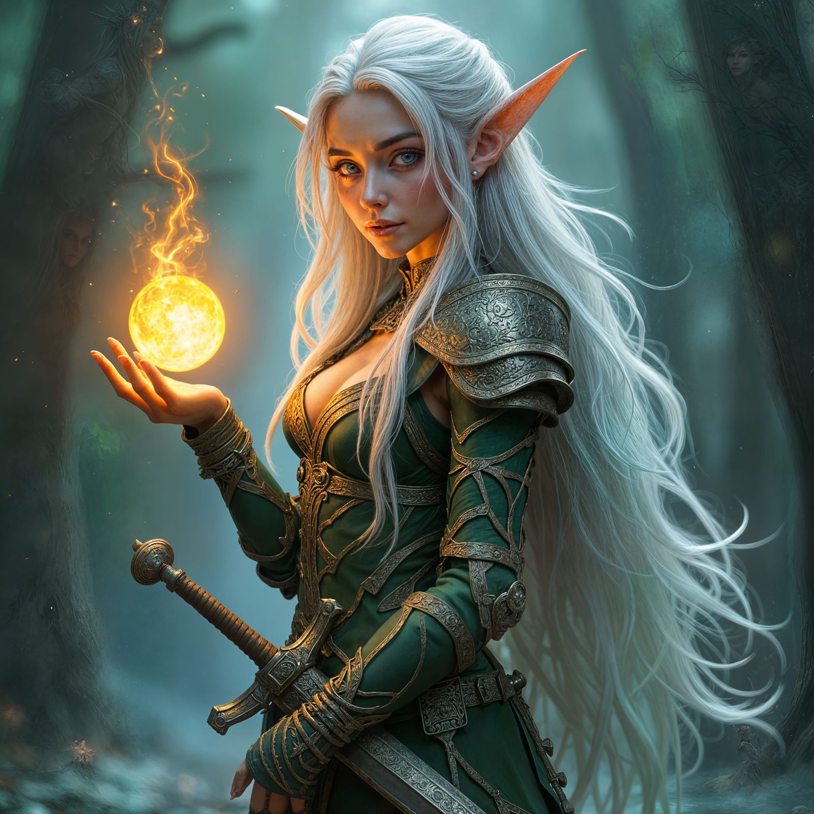Elf Warrior Woman with Fireball in Fantasy Art