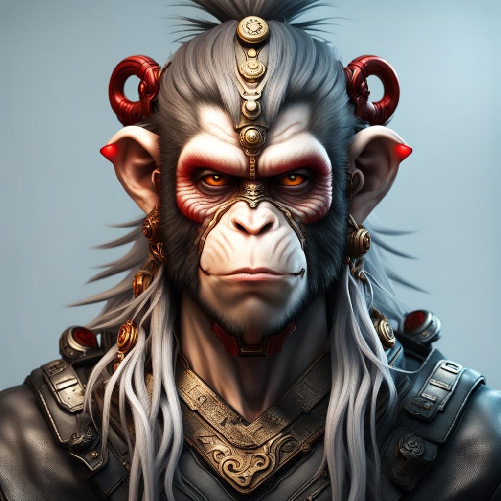 Cyberpunk Monkey King with White Hair