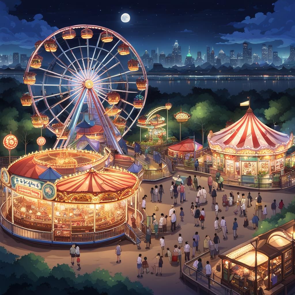 Anime Amusement Park at Night with Ferris Wheel