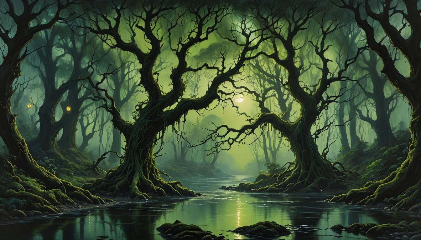 Enchanted Forest at Night, Oil Painting