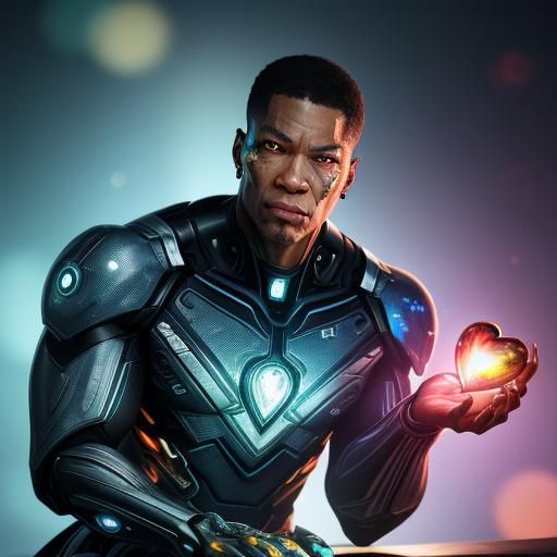 cyborg holds out a glass heart in his hand Hyperrealistic, splash art, concept art, mid shot, intricately detailed, colo...