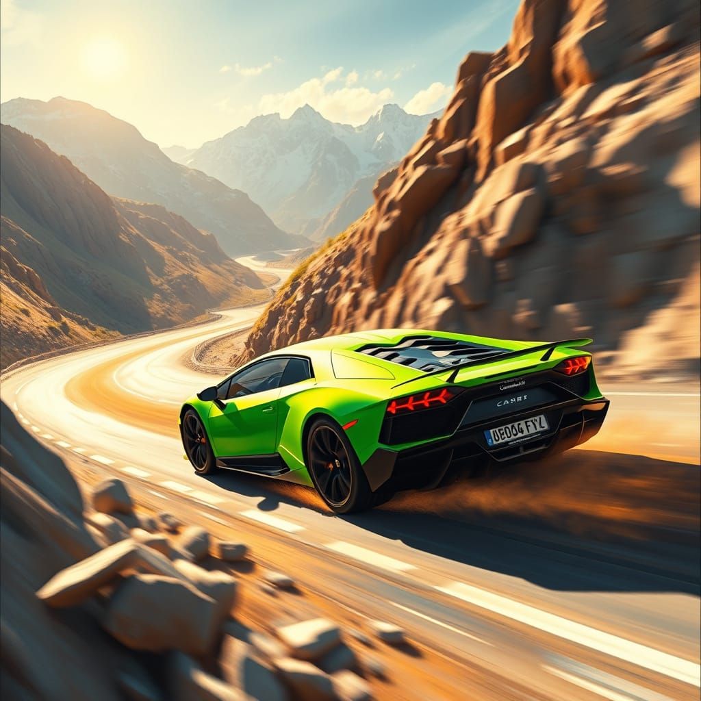 Sleek Neon Lamborghini Speeds Through Majestic Mountain Pass