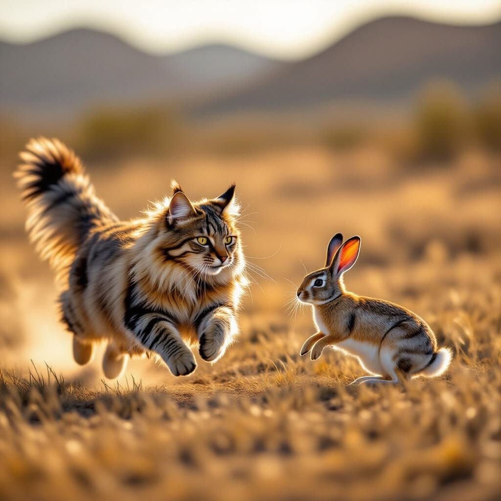 Bobcat Chasing Jackrabbit in Western Landscape