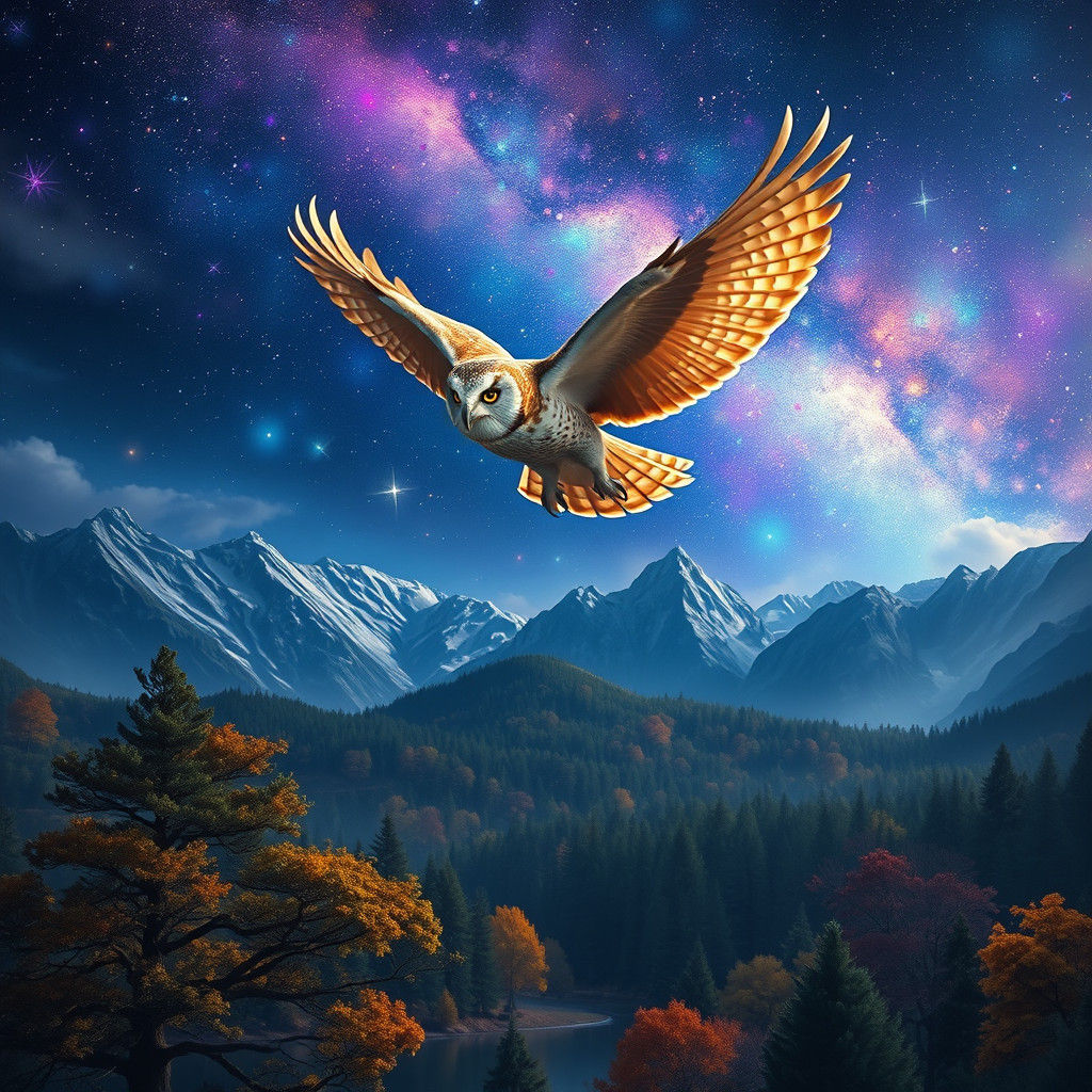 Celestial Owl Flight Over Starlit Autumn Landscape