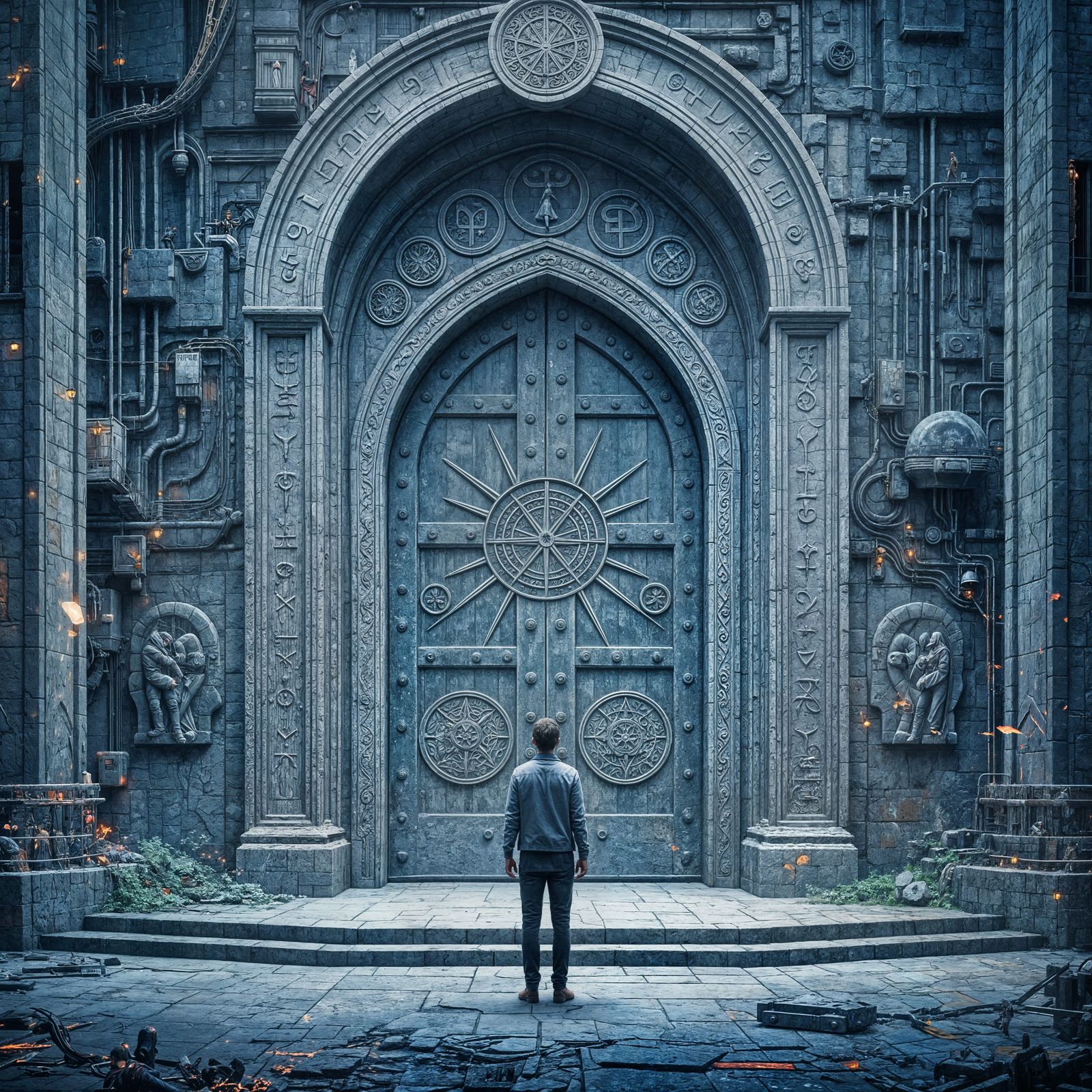 Lone Figure at Ornate Doorway in Sci-Fi Style