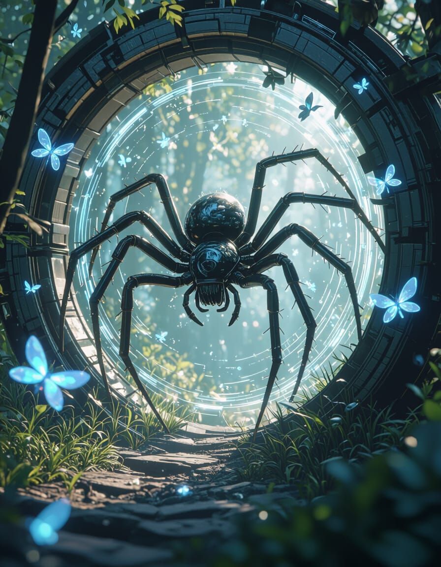 SpiderAlien Emerges from Spacetime Gate in Luminous Forest