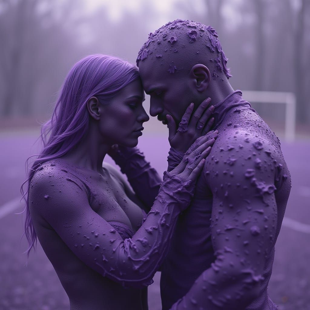 Passionate Embrace on Purple Soccer Field in Hyperrealism