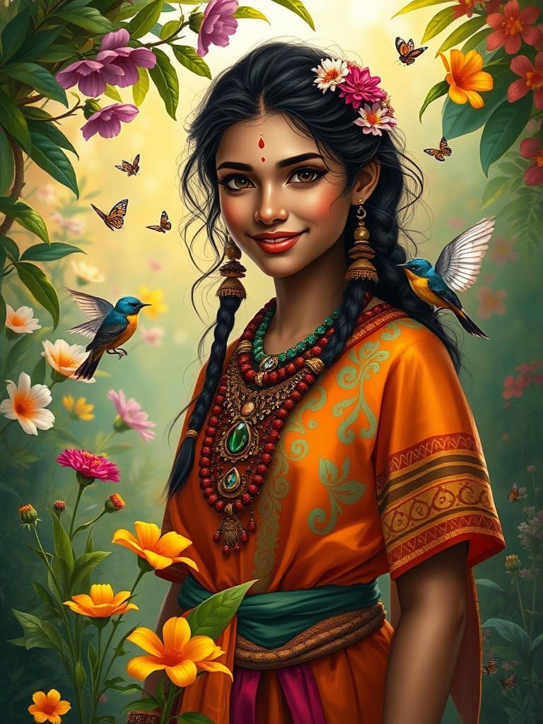 Serene Indian Tribal Goddess in Vibrant Spring Garden