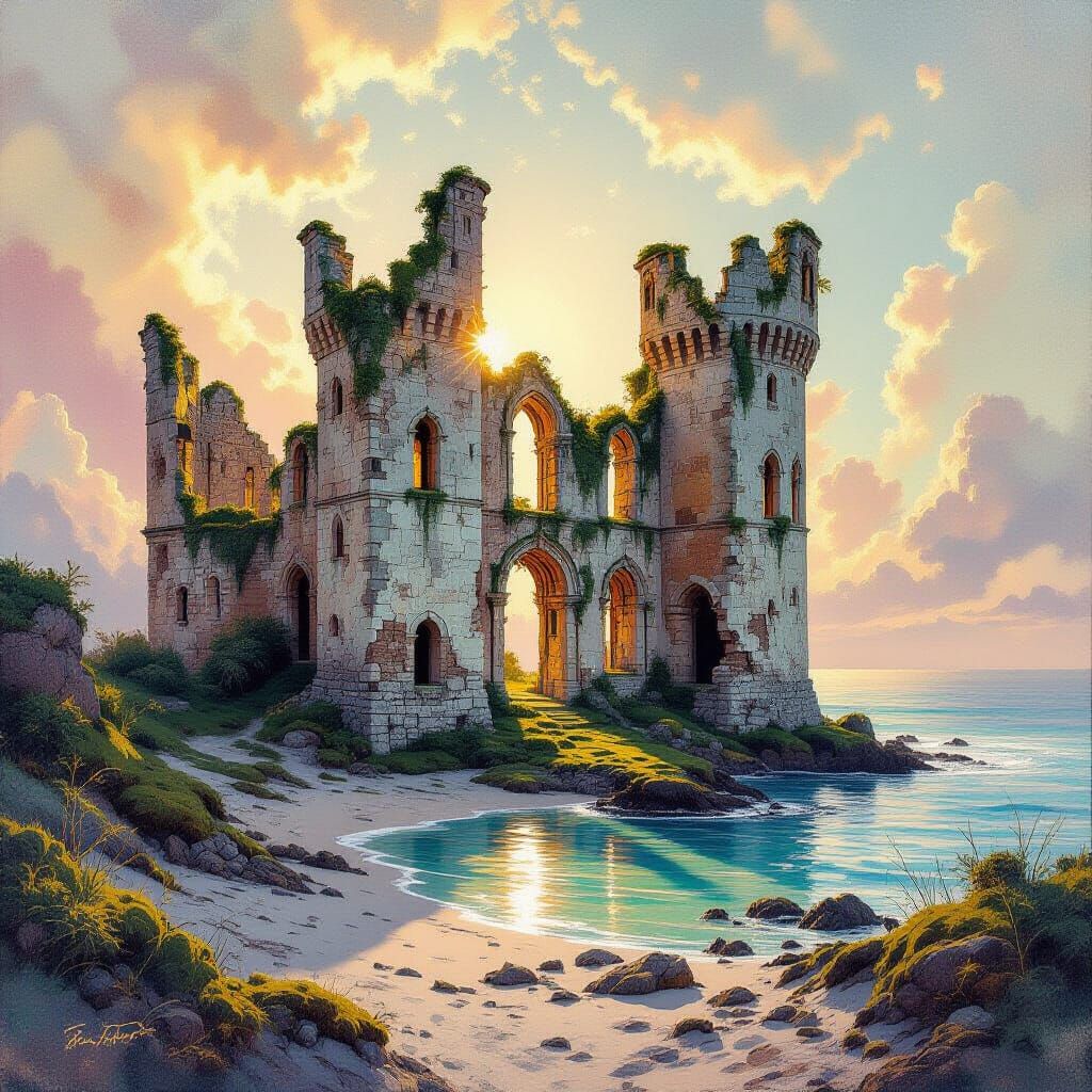 Abandoned Castle Ruins as Villain Base in Metamodern Style