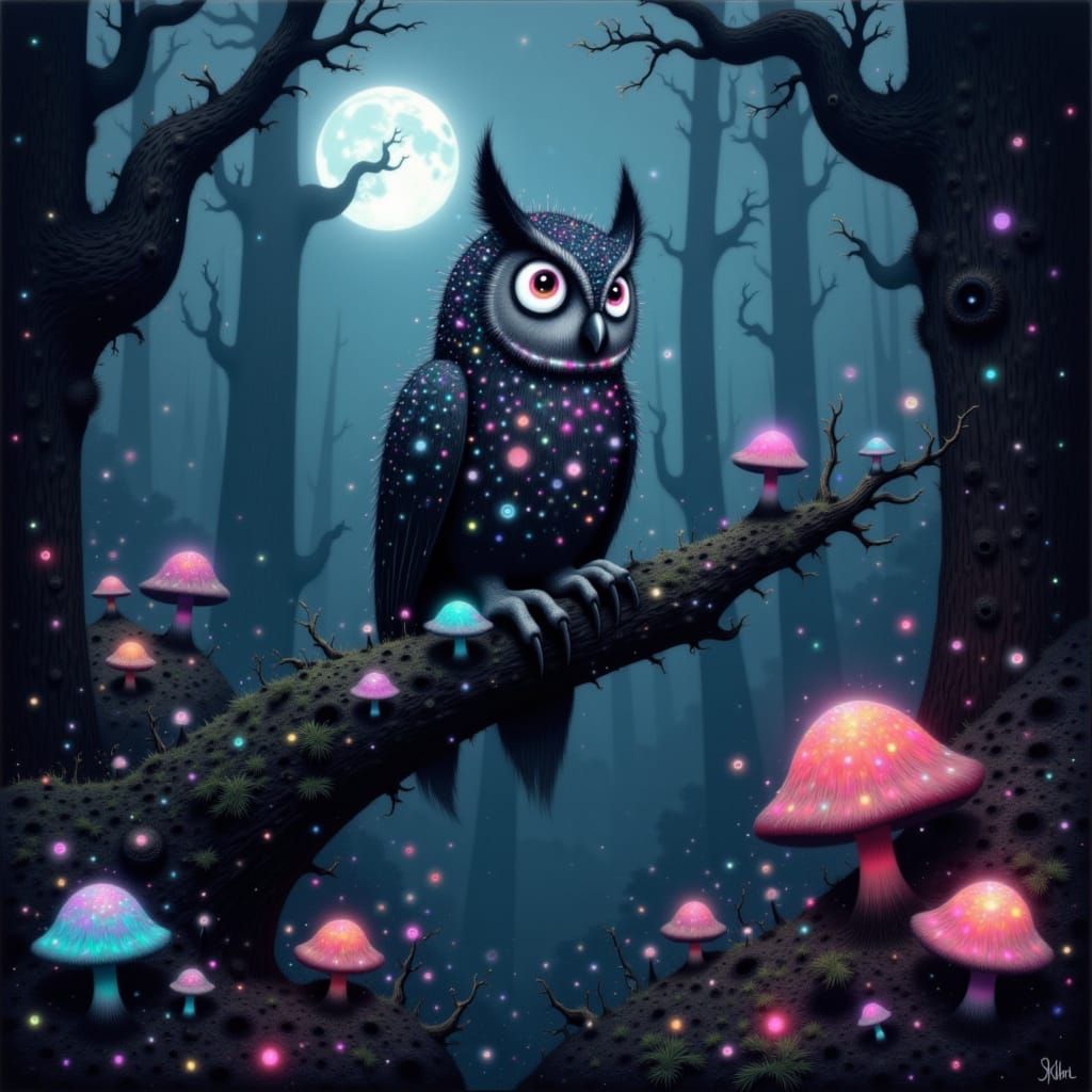 Wise Owl in Bioluminescent Forest, Digital Art
