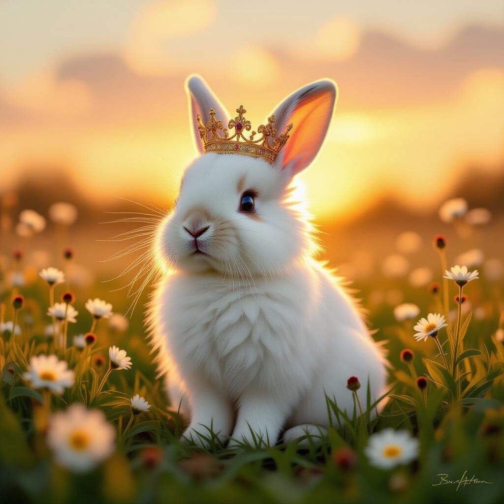 Regal Fluffy Rabbit in Golden Light Oil Painting