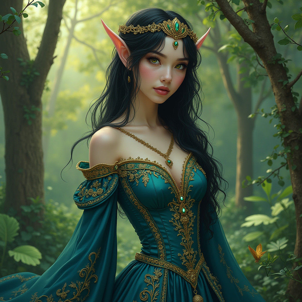 Elegant Elven Princess in Forest, Art Nouveau Style