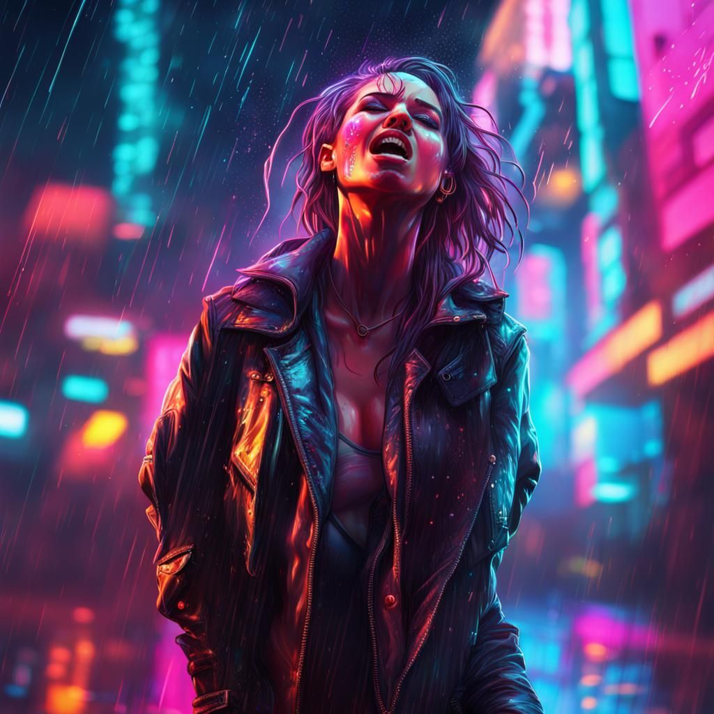 Cyberpunk Girl Screaming in Neon Rain