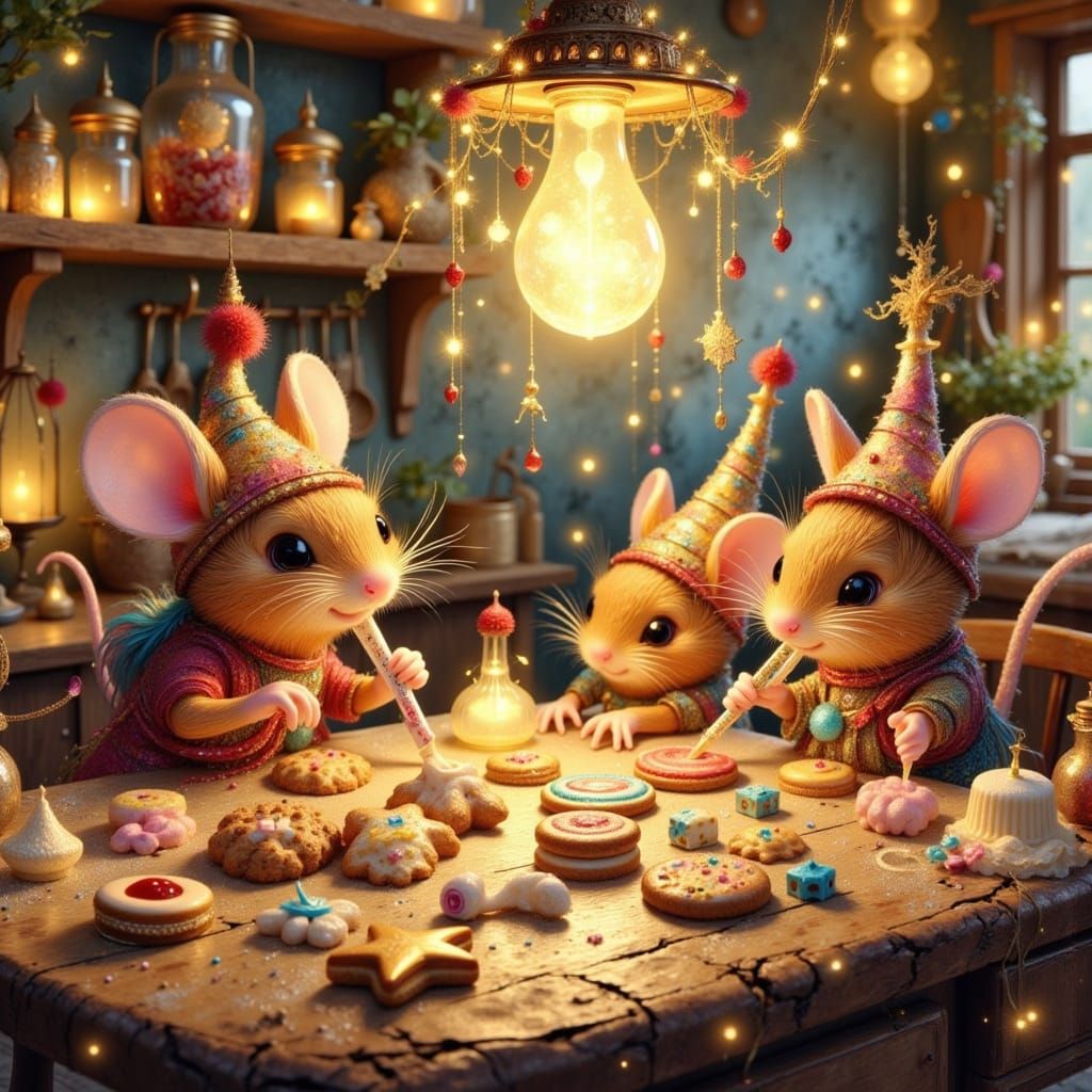 Elven Mice Decorating Cookies in Storybook Style