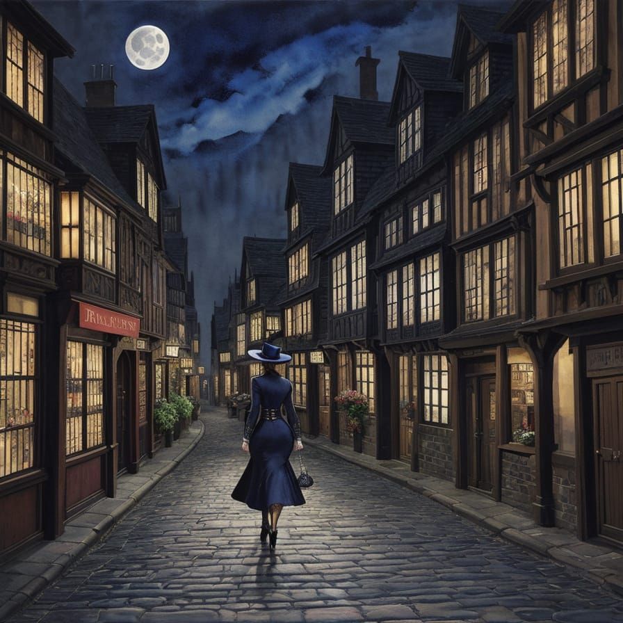 Midnight Cobblestone Street Scene in Art Nouveau Style