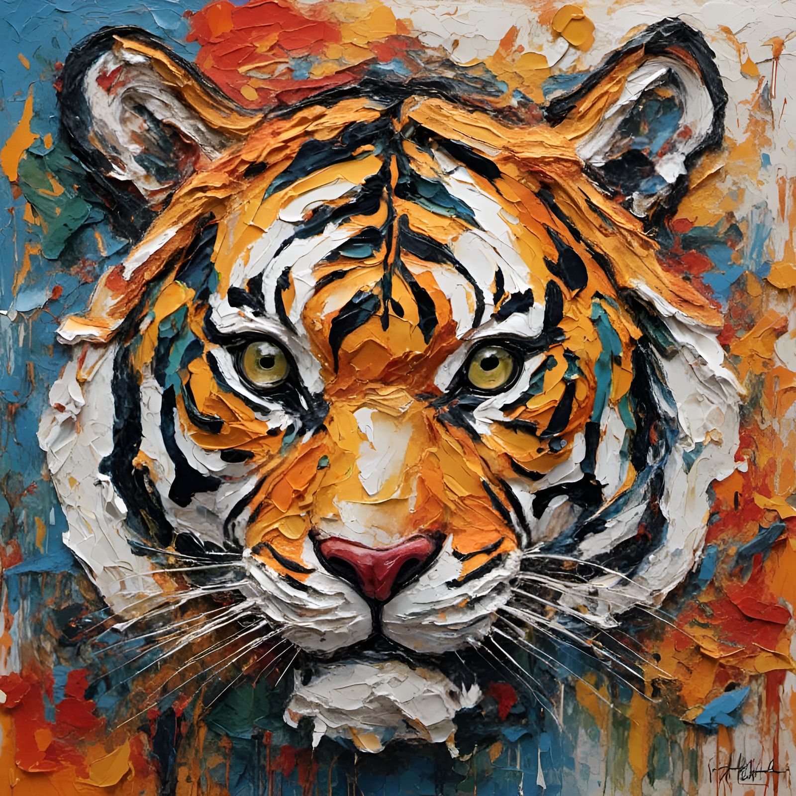 Roaring Tiger Head as Impasto Painting