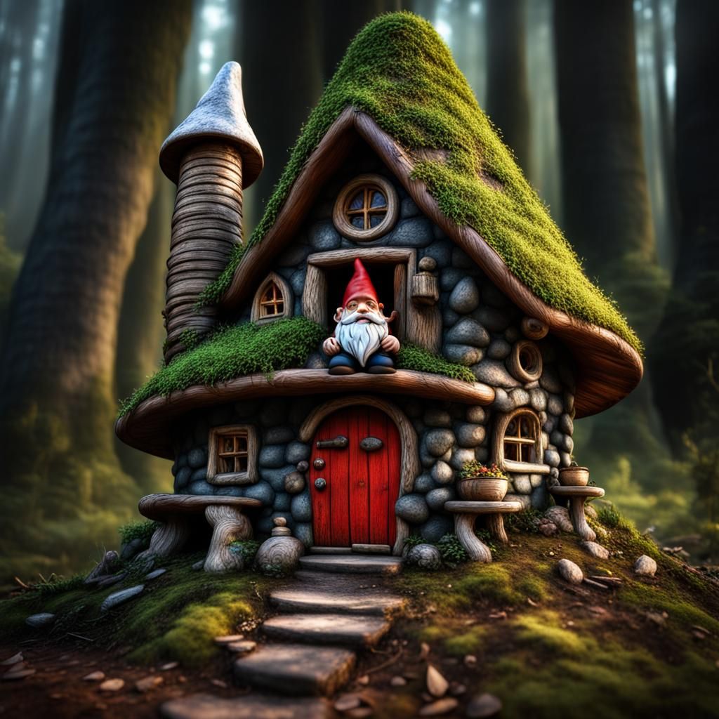 Hyperrealistic Gnome House in Atmospheric Woods