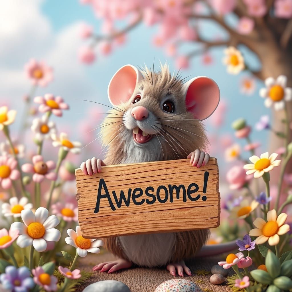 Fluffy Rat Holds 'Awesome!' Sign in Whimsical Wonderland