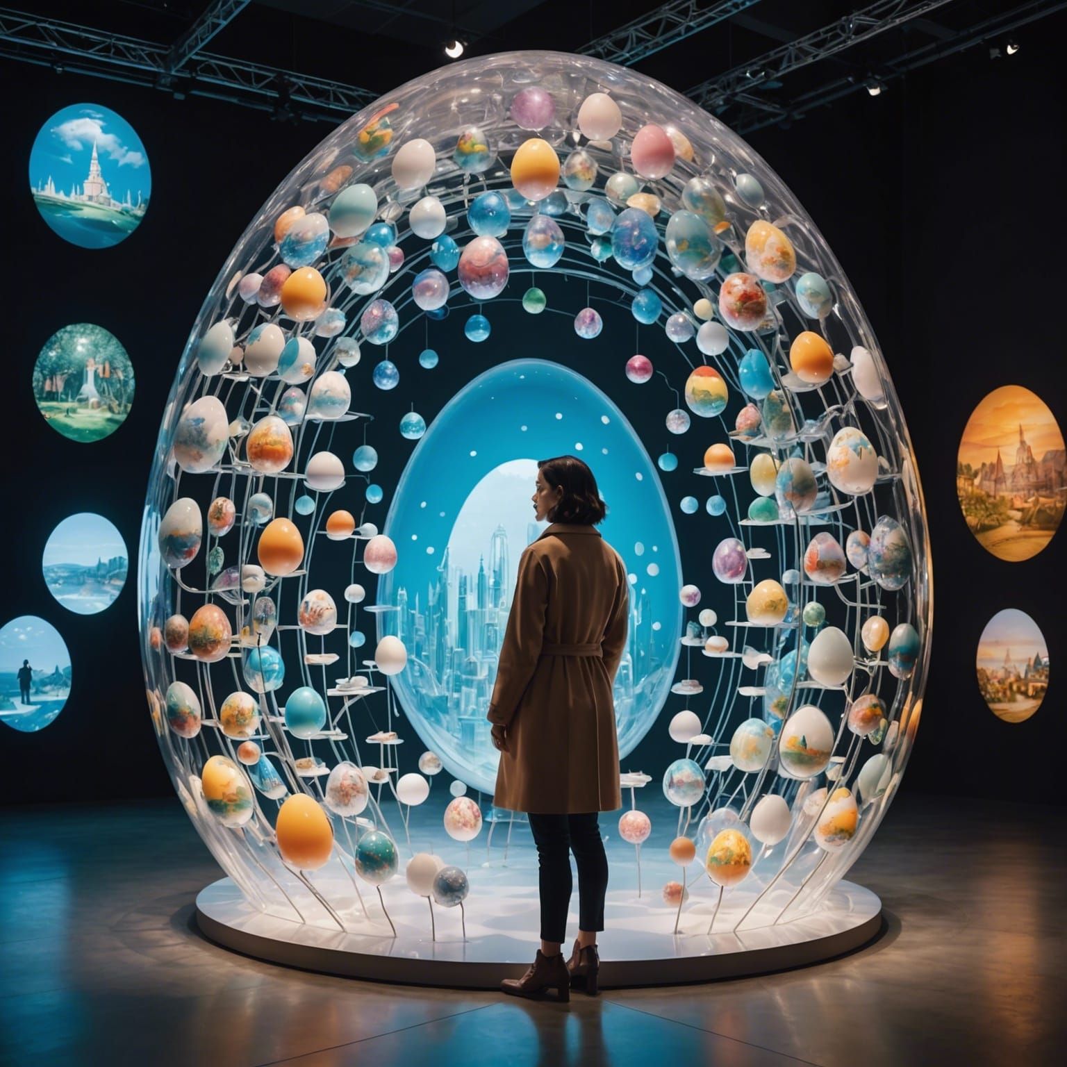 A woman standing inside a life-size dream world shaped like ...