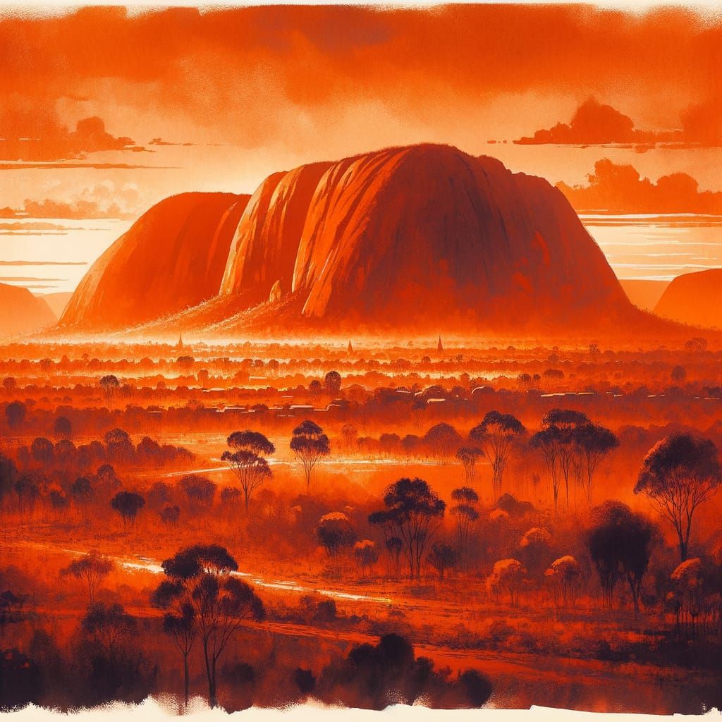 Fiery Orange Uluru Landscape in Watercolour Style