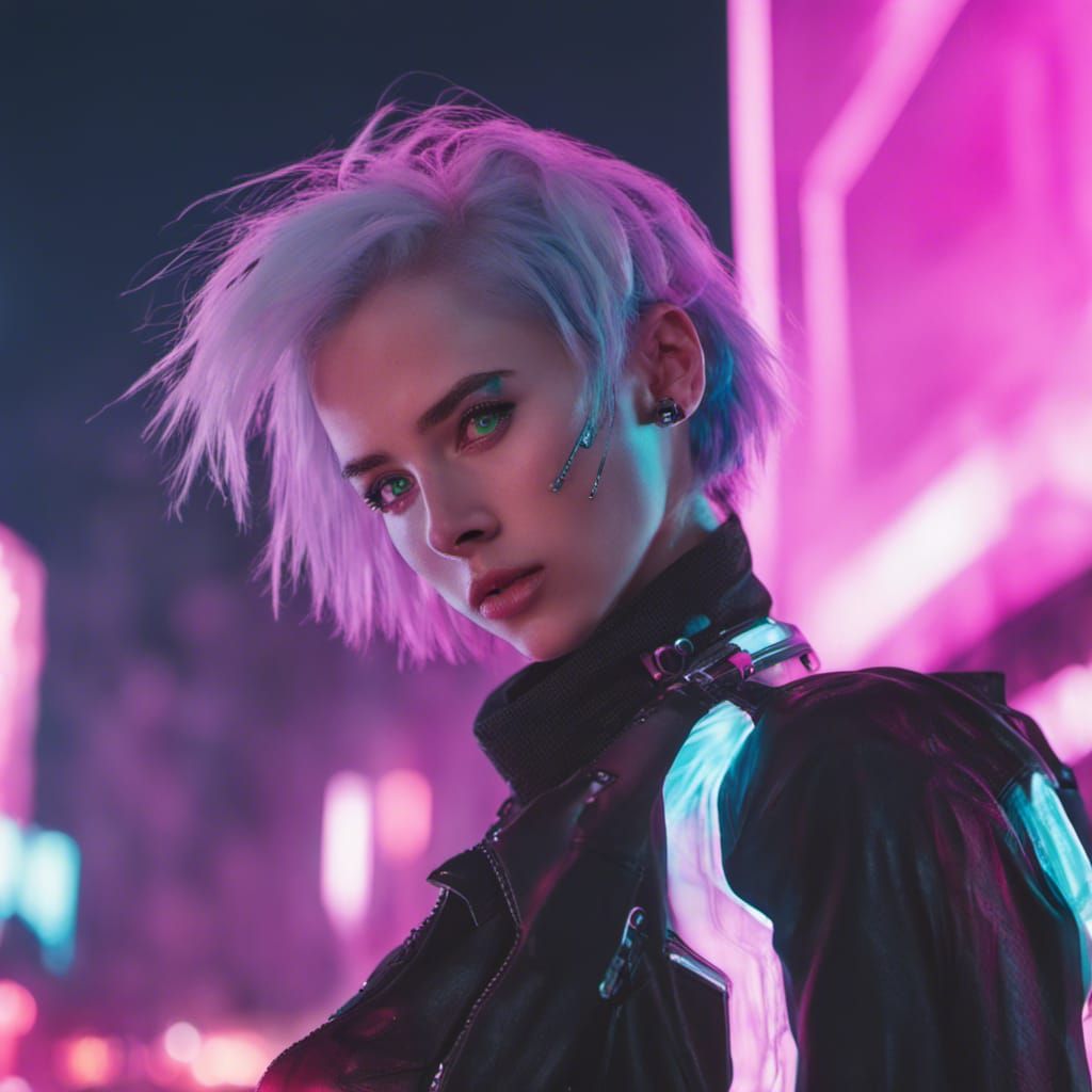 Cyberpunk Rocker Girl with Cyberware in Neon City