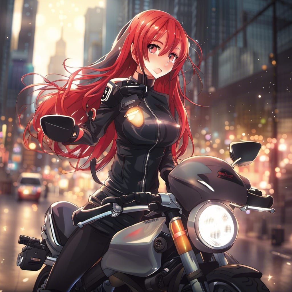 Anime Girl on Motorcycle in City Lights