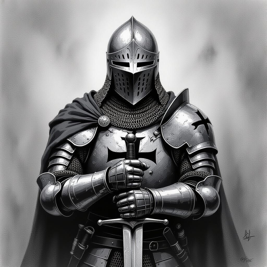 Spooky Grayscale Knight Templar Crusader Portrait