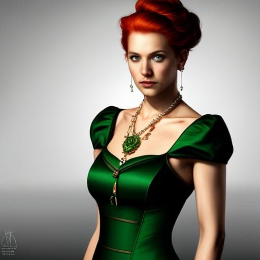 Redhead in Green Dress with Pearl Necklace