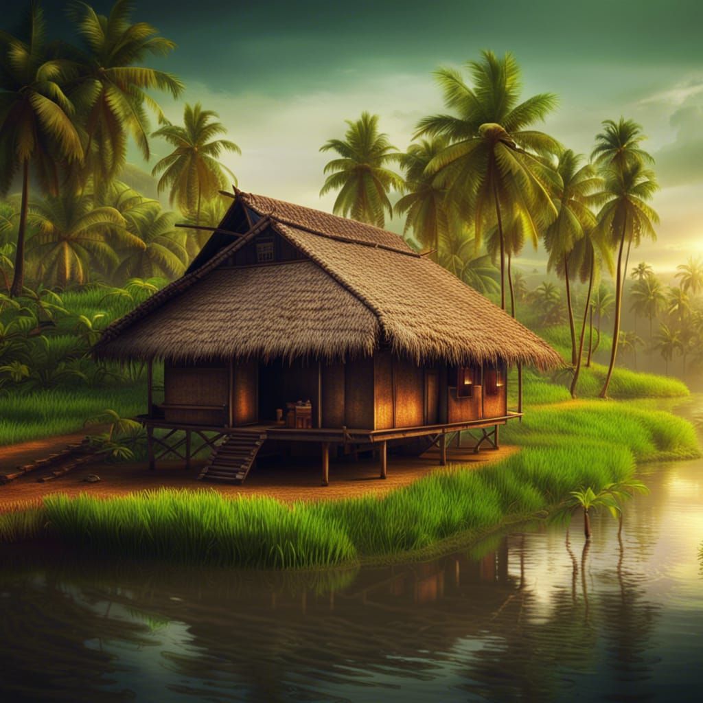 Kerala Riverside Hut in Lush Paddy Field